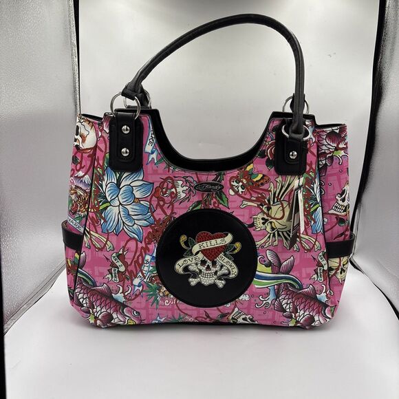 Ed Hardy Handbags - Ed Hardy “Love Kills Slowly” Pink Tattoo Shoulder Bag – Y2K Skulls & Roses